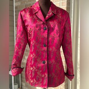 SUSAN BRISTOL s12 satin brocade jacket-magenta-black trim-fully lined-looks NEW